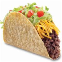 Crisp Taco · Seasoned beef, cheddar cheese, shredded lettuce, and diced tomatoes in a homemade corn taco ...