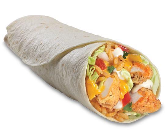 Chicken Ranchero Burrito · A home-style tortilla stuffed with seasoned rice, all-white crispy chicken strips, shredded cabbage blend, cheddar cheese, salsa fresca and ranch dressing.