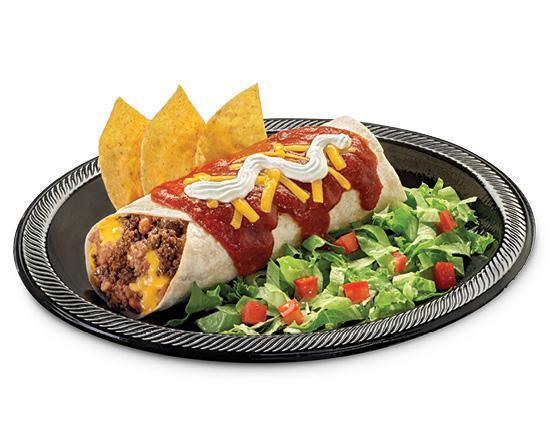 Casita Burrito · Seasoned Beef, Chicken or Pork Carnitas; A hand-stretched flour tortilla filled with refried pinto beans, and melted cheddar cheese topped off with zesty enchilada sauce, melted cheddar cheese and sour cream. Served with a side of shredded lettuce, tortilla chips and diced tomatoes.