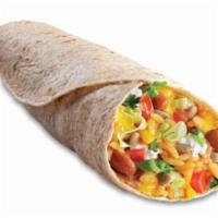 Veggie Burrito · A whole-wheat tortilla wrapped around refried pinto beans, seasoned rice, cheddar cheese, so...