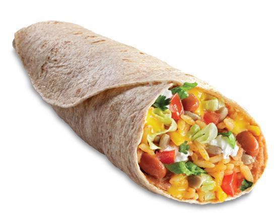 Veggie Burrito · A whole-wheat tortilla wrapped around refried pinto beans, seasoned rice, cheddar cheese, sour cream, shredded lettuce, homemade salsa fresca and roasted sunflower seeds.