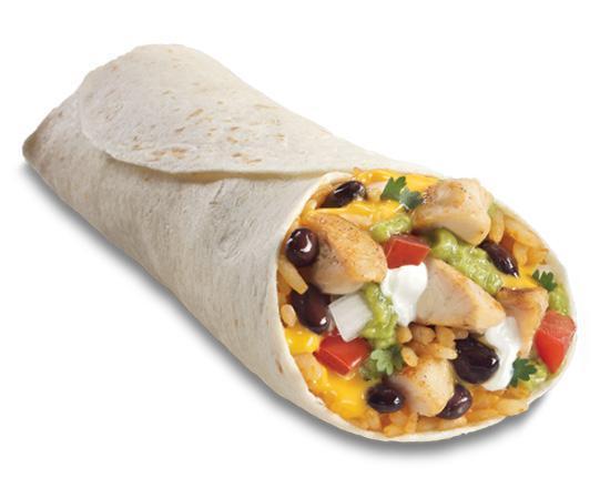 Chicken and Black Bean Burrito · Black beans, all-white chicken, cheddar cheese, seasoned rice, homemade salsa fresca, sour cream and guacamole wrapped in home-style tortilla.
