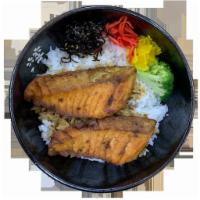 D08. Scottish Salmon Teriyaki Donburi サーモン照り焼き丼 · Main dish served with miso soup, house salad, rice.