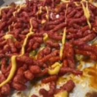 Hot Cheetos Pizza · Nacho cheese, jalapenos hot cheetos, hot salsa.