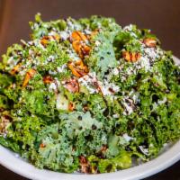 Trail Grazer Salad · Italian kale, organic quinoa, tomatoes, cucumbers, candied walnuts tossed in our lemon herb ...