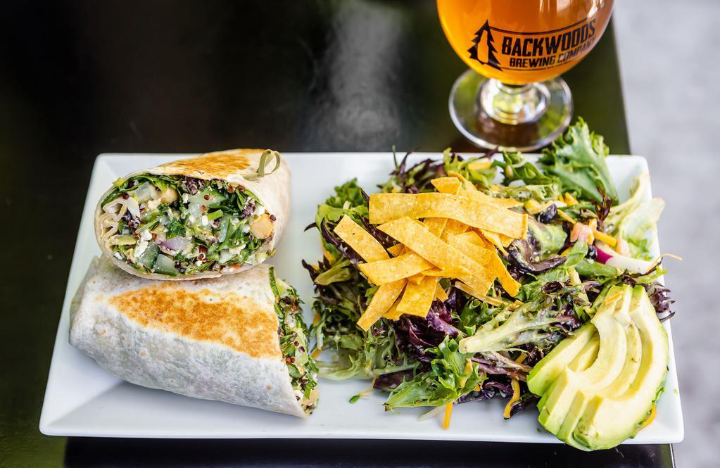 Veggie Wrap · Mixed greens, quinoa, black bean and corn salsa, cucumbers, red onions, banana peppers, tomatoes, broccoli ,peppadew peppers, and feta cheese. Mixed with our Citrus Vinaigrette and balsamic glaze.