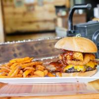 Loaded BBQ Burger · 1/2 lb. patty topped with bacon, cheddar cheese, onion rings, breaded cheese curds, pickled ...