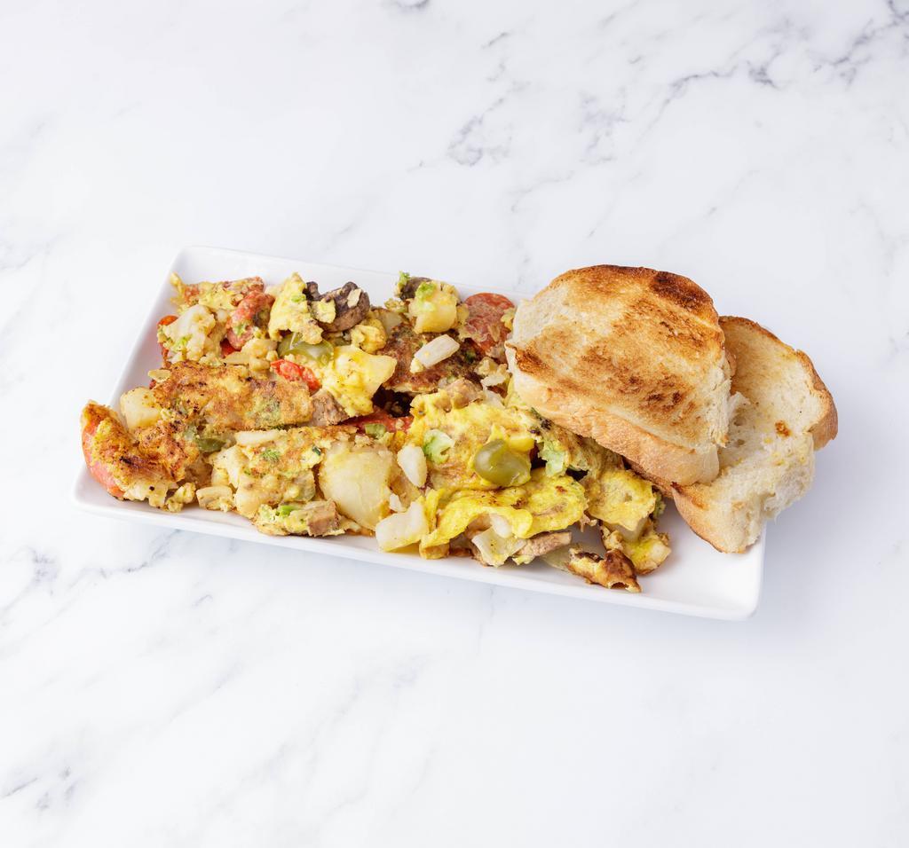 Fretta Omelet · Sausage, peppers, onions, mushrooms, broccoli, pepperoni, and home fries and egg.
