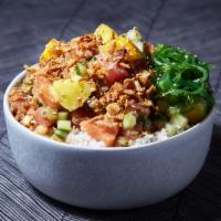 Large Poke Bowl · Three poke choices with choice of base, protein, sauce, and toppings.