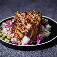 Hawaiian BBQ Chicken · Marinated barbecue chicken over cucumbers, cabbage, and choice of base and salad