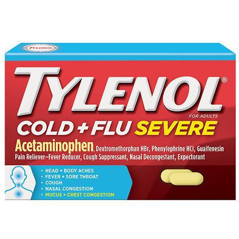 Tylenol Cold & Flu Severe Cap 24 Count · Convenient caplets to tackle your tough cold and flu symptoms by clearing congestion, quieting coughs and relieving head and body aches.