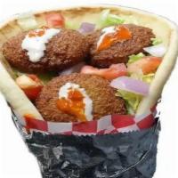 3. Falafel Gyro  · Falafel and pita bread with lettuce, tomatoes, pickles and tahini sauce.