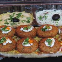23. Falafel Over Rice Plate  · Chicken peas mixed with herbs, served with hummus, tahini sauce, salad and pickles, rice, tz...