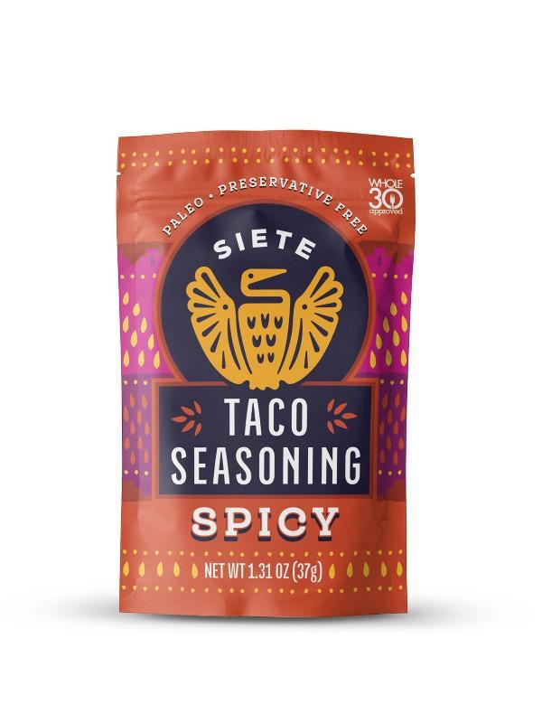 Siete Spicy Taco Seasoning (1.3 Oz) · Coming in hot to taco night with a Spicy Taco Seasoning packet that brings the flavorand the heat! Made with a savory blend of chili, tomato, cumin, and jalapeño, this seasoning has us hanging on our every bite, and singing “spice, spice, baby.”