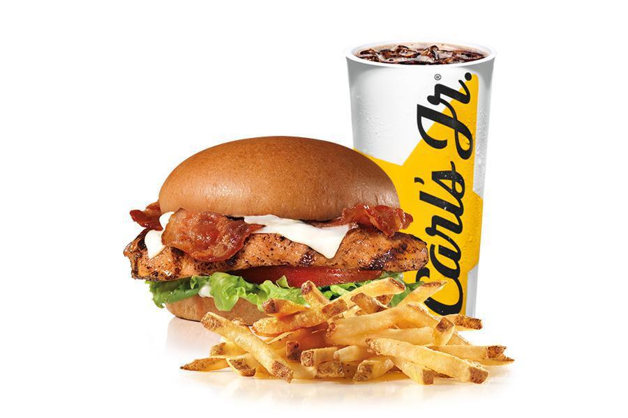 Charbroiled Chicken Club™ Sandwich Combo · Charbroiled chicken breast, two strips of Bacon, melted Swiss cheese, lettuce, tomato and mayonnaise on a Potato Bun. Served with small drink and small fry.