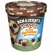 Ben & Jerry's Topped Salted Caramel Brownie Pint · Vanilla ice cream is topped off with salted caramel & fudgy brownies in this sundae in a pin...