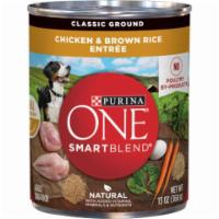 Purina ONE SmartBlend Chicken & Brown Rice Entrée Classic Ground Wet Dog Food 13 oz · Purina ONE SmartBlend Entrées are nutritionally complete for adult dogs, so you can feel con...