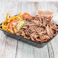 10. Meat Gyro Platter · Lamb and beef, french fries, onions, cabbage, tomato, cucumber, tomato sauce and white sauce.