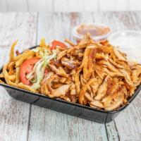 9. Chicken Gyro Platter · Chicken Gyro, french fries, onions, cabbage tomato, cucumber, tomato sauce and white sauce.