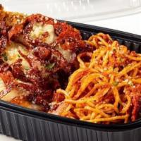 Chicken Parm-Eroni · Breaded airline chicken breast, fresh mozzarella, provolone, pepperoni red sauce, crispy pep...