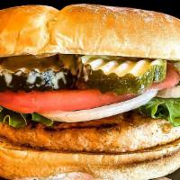 Salmon Burger · Charbroiled, wild-caught Alaskan Salmon Burger with your choice of seasoning, Lettuce, Tomat...