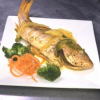 Pargo Al Vapor Con Vegetales · Steamed Red Snapple with vegetables served with a side dish