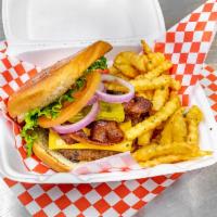Bacon Cheeseburger Combo · An 8 oz. beef patty covered with a slice of American cheese, 2 strips of bacon, placed on a ...