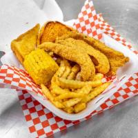 Catfish Combo · 100% 7-9 oz catfish fillet , fries, bread, small ear of corn and a drink  and one side. Incl...