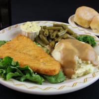 Fish Dinner · 1 lightly breaded fillet served with T.J. sauce, choice of 2 sides, biscuits, or a roll.