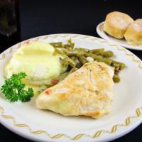 Grilled Chicken Breast · Skinless breast, lightly seasoned, choice of 2 sides, biscuits, or a roll.