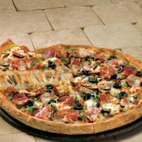 The Works Pizza · Pepperoni, ham, spicy Italian sausage, onions, green peppers, mushrooms and black olives.