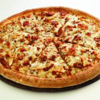 BBQ Chicken and Bacon Pizza · Barbecue sauce, grilled all-white chicken, bacon and onions.