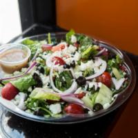 Greek Salad · Romaine tomatoes, bell peppers, onions, Kalamata olives, cucumbers, oregano, olive oil, whit...