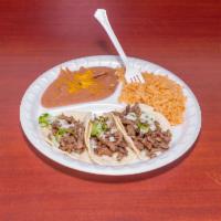 3 Mini Tacos Plate Super Combo · Asada, pastor, or canitas.