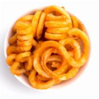 Cheese Curly Fries · Golden-brown curly fries with melted cheese over it.