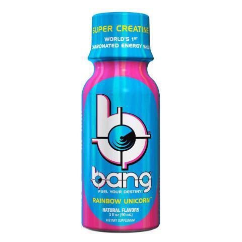Bang Energy Shot Rainbow Unicorn 3oz · Power up with Bang's potent brain & body-rocking fuel: Creatine, Caffeine, CoQ10 & BCAAs (Branched Chain Amino Acids.). A carbonated shot in a bold Rainbow Unicorn flavor.