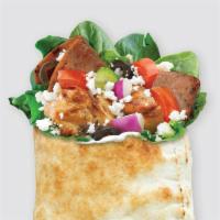 Super Greek · Chicken Souvlaki and Gyro with Spinach, Tomatoes, Cucumbers, Black Olives, Onions, Feta Chee...
