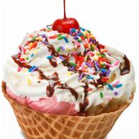 Cazuela Deluxe · One Waffle Bowl with three scoops of ice cream, whipped cream, chocolate syrup, sprinkles an...