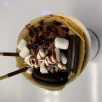 Choco Bomb · Chocolate ice cream, chocolate chips, chocolate stick, chocolate syrup, oreo, marshmallow, w...