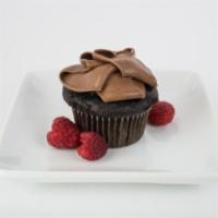 Raspberry Rex Cupcake · Chocolate cake, raspberry mousse filling, chocolate buttercream.