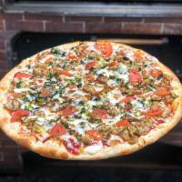 Grilled  Chicken Veggie Pizza · Broccoli, tomatoes, spinach, grilled chicken, sauce, and mozzarella cheese.
