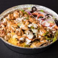 Chicken & Lamb Over Rice · Grilled chicken and lamb, fried onions and green peppers on top of rice, served with salad l...