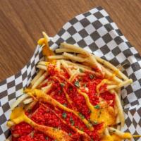 Xxtra Flamin Hot Cheetos Cheese Fries · Fries with melted cheese, topped with extra Flamin Hot cheestos