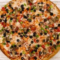 Vegetable Pizza · Your daily dose of veggies tomatoes, peppers, onions, mushrooms, and black olives. 