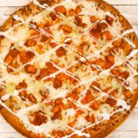 Buff Chix Pizza · Zesty Buffalo chicken, drizzled with coll ranch, dressing, and topped with diced celery. 