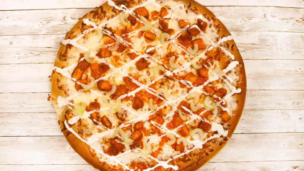 Buff Chix Pizza · Zesty Buffalo chicken, drizzled with coll ranch, dressing, and topped with diced celery. 