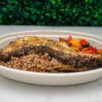 Sea Bass · Sea bass with string beans, quinoa rice, yellow and red peppers and onions