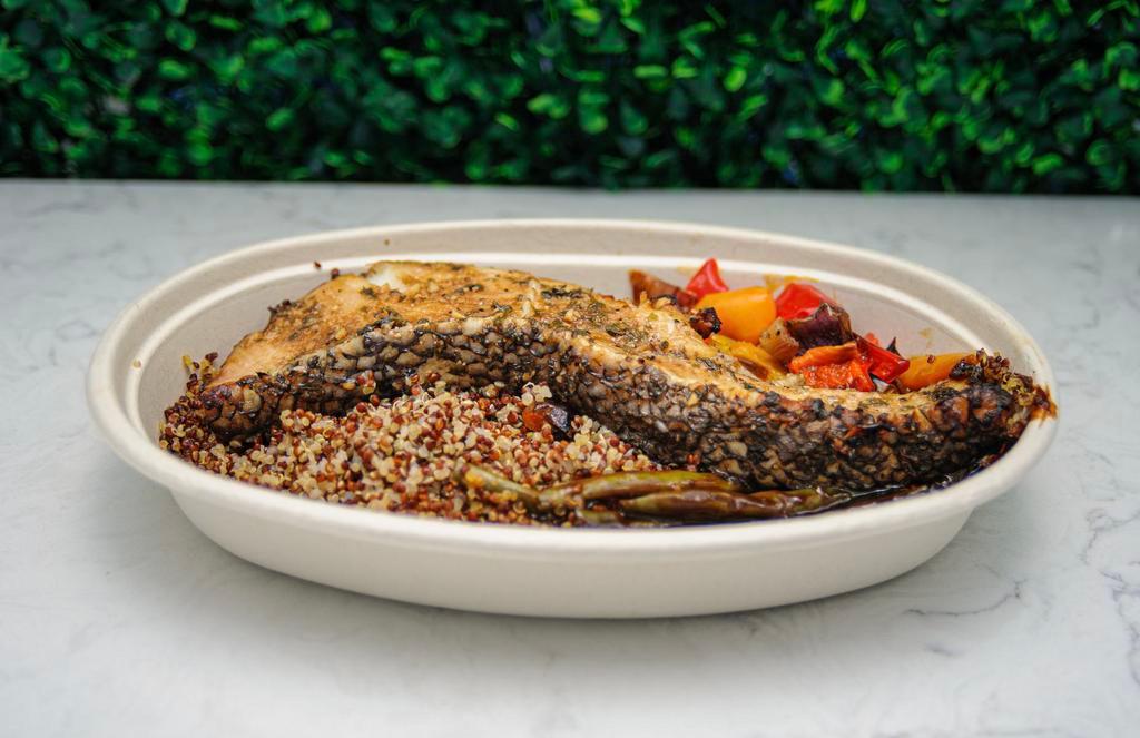 Sea Bass · Sea bass with string beans, quinoa rice, yellow and red peppers and onions