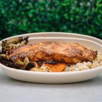 Salmon Teriyaki · Salmon, brown rice, broccoli, cauliflower, carrots, with teriyaki dressing