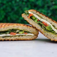 Fresh Mozzarella Sandwich · Herb focaccia bread with fresh mozzarella cheese, pesto, tomato, arugula with dried garlic I...